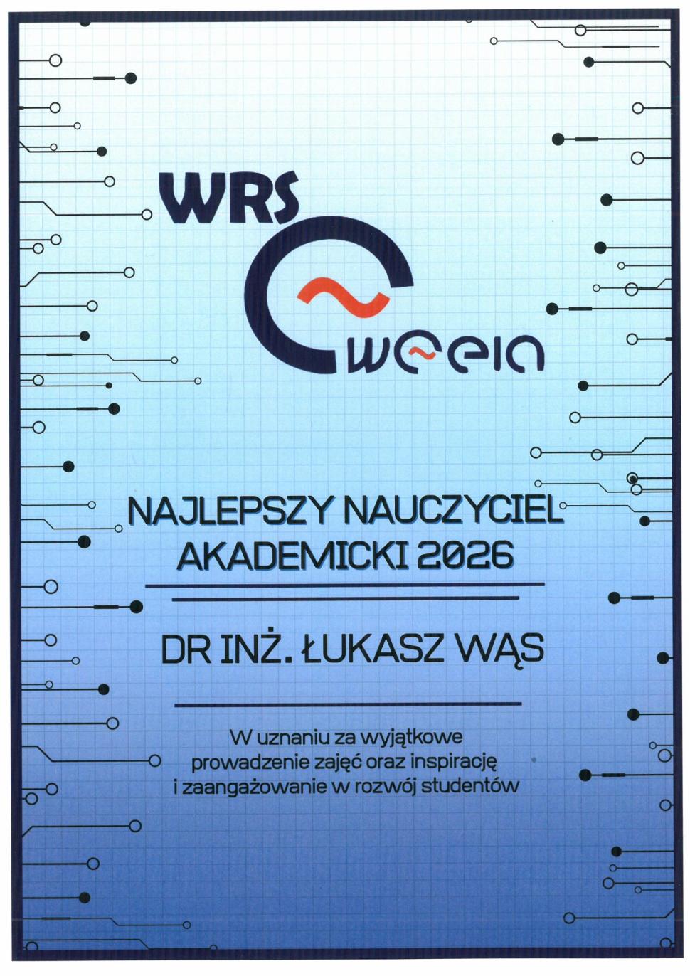 dyplom dla dr inż. Łukasza Wąsa