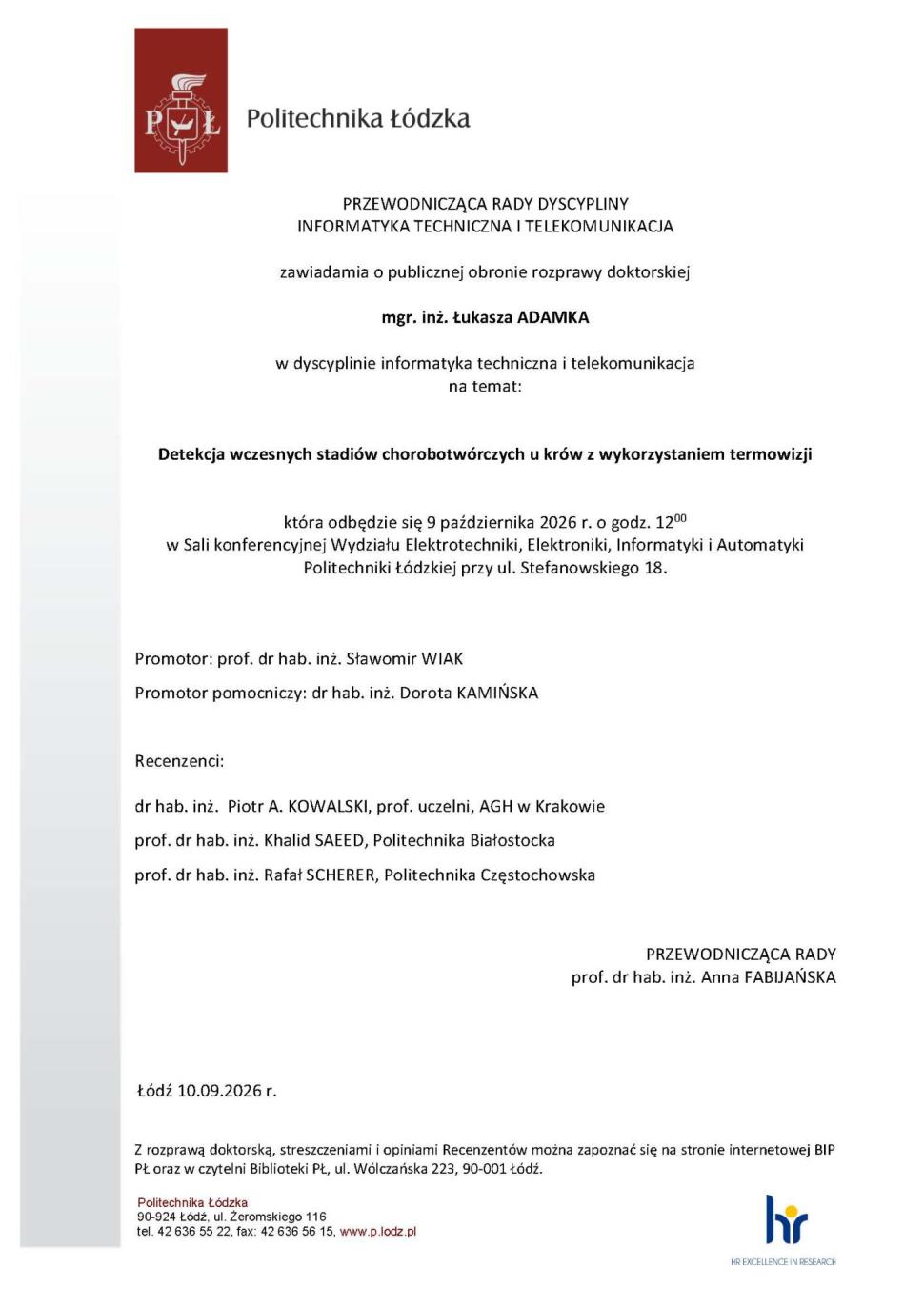 Zawiadomienie o obronie rozprawy doktorskiej